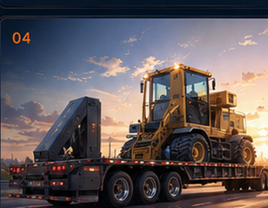 Step deck trailer carrying heavy equipment